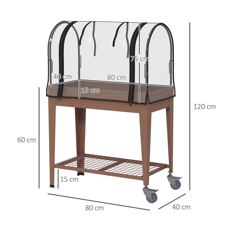 FIORIERA RIALZATA CON MINI SERRA PER PIANTE, RUOTE E RIPIANO, 80X40X120CM, MARRONE