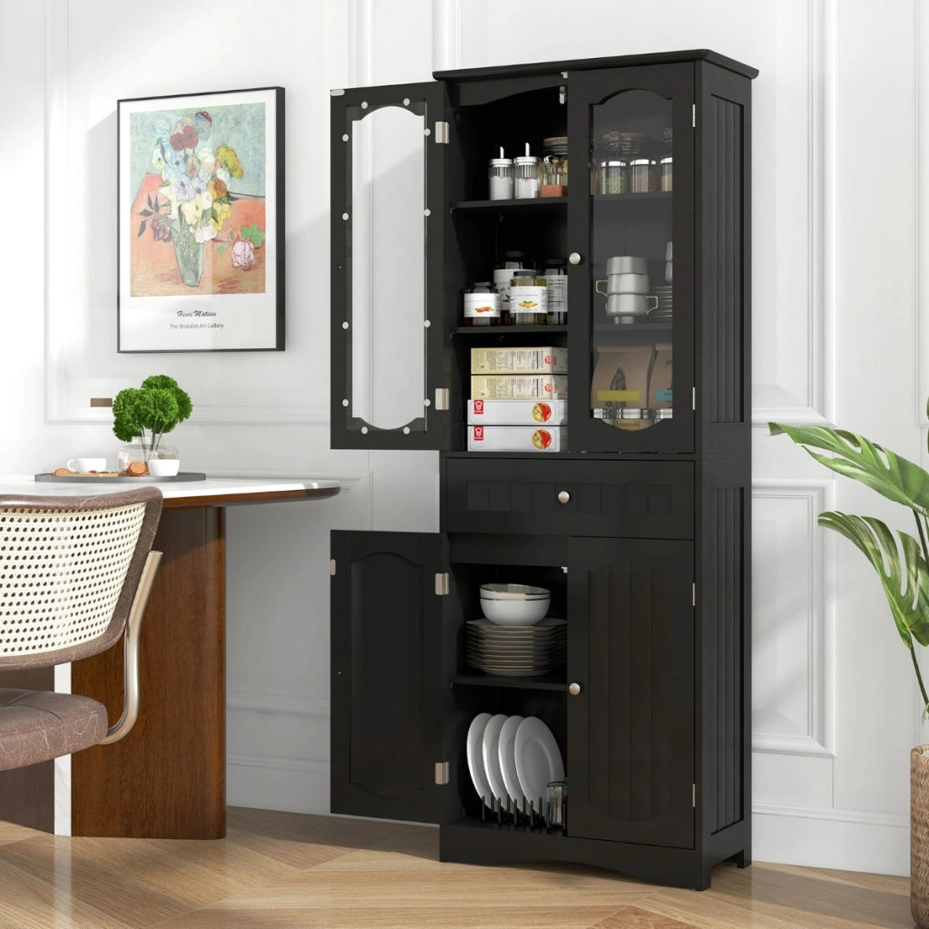 Armadio da bagno alto-Mobiletto da bagno 160cm con 2 porte in vetro 2 ripiani regolabili e 1 cassetto, Mobile autonomo per cucina Nero