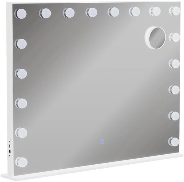 Specchio da toilette Greta, Bianco, 58 x 47 cm con illuminazione a LED, con specchio cosmetico integrato 10x e porta USB