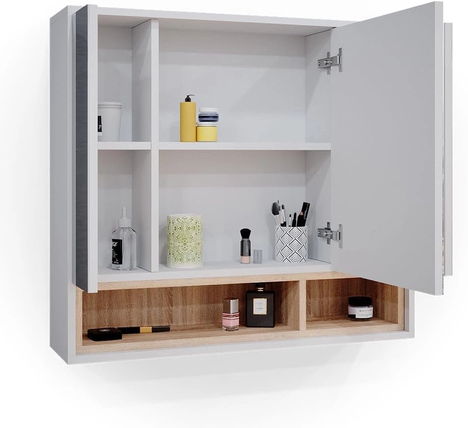 Specchio contenitore bagno Beatrice, Bianco, 80 x 72 cm, per montaggio a parete con ripiani aperti