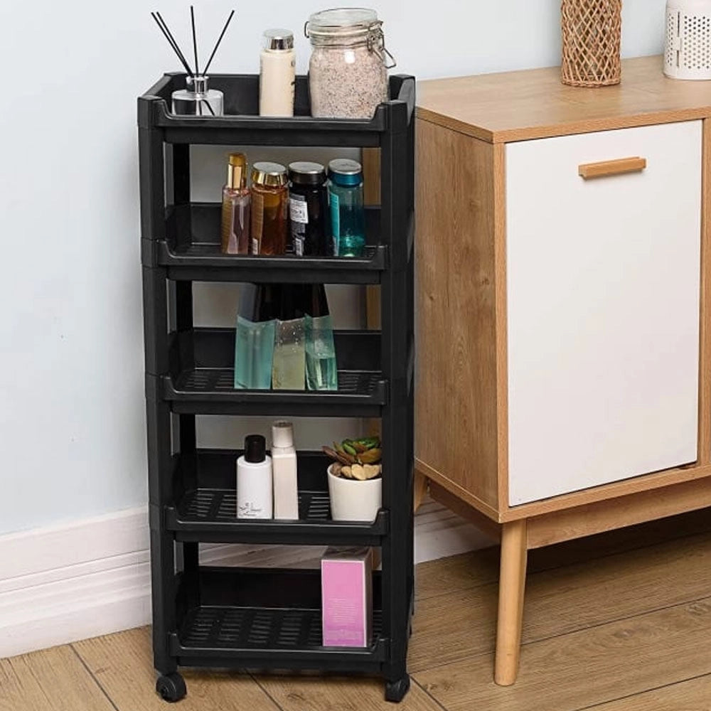 Carrello Salvaspazio Cucina Bagno Scaffale Portaoggetti Multiuso Nero 5 Ripiani