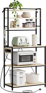 Scaffale da Cucina a 6 Livelli con Prese di Corrente, Scaffale per Microonde con Struttura in Metallo e Piano di Lavoro Aperto, Nero+Rovere Chiaro, 80x39,5x167cm