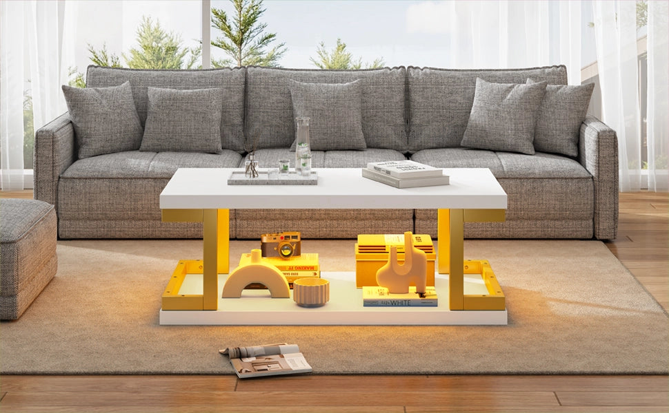 Tavolino basso con LED e 2 ripiani aperti per soggiorno e studio in MDF e metallo bianco e oro 100 × 50 × 37,5 cm