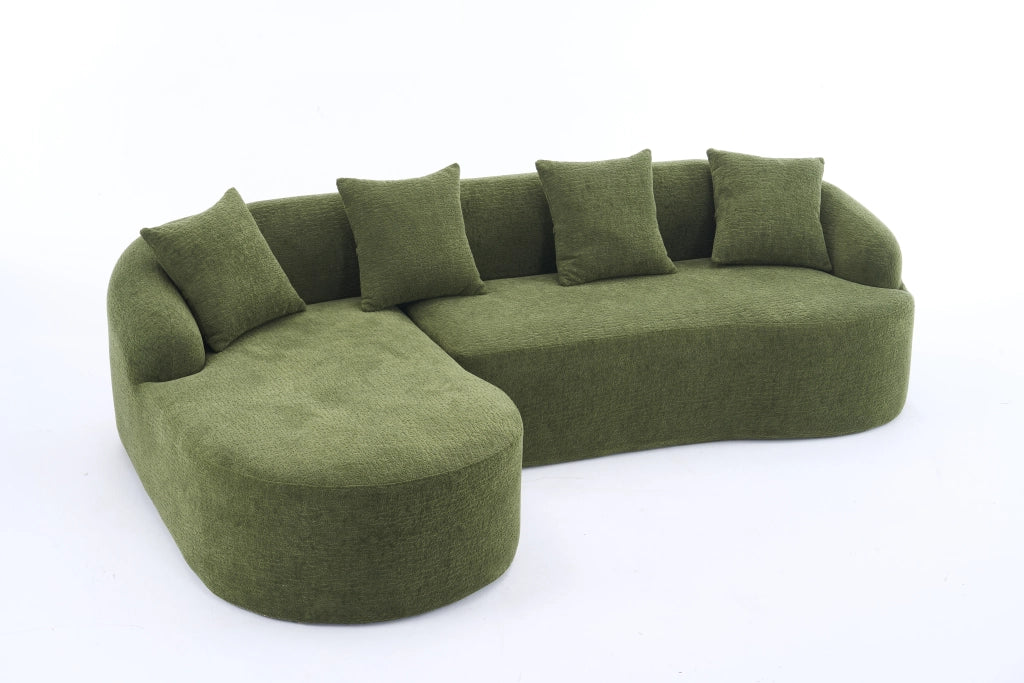 Divano modulare angolare con chaise longue sinistra e 2 posti; montaggio senza attrezzi in chenille verde
