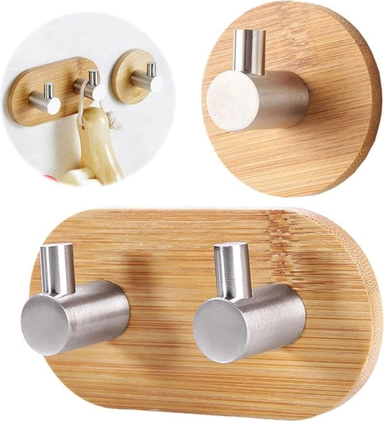 Haken per parete in legno, autoadesivi, 304 acciaio inossidabile, asciugamani, legno, bambù, hanger per parete, hanger autoadesivi, hanger per soggiorno, cucina, bagno, camera da letto (piccolo + medio)