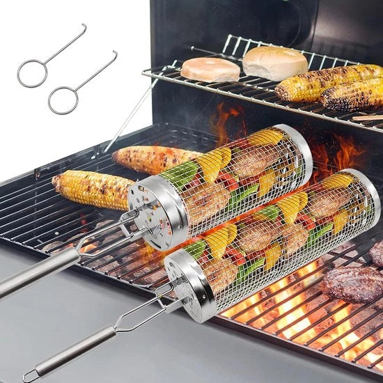 Due griglie rotanti in acciaio inossidabile con manico e forchetta - accessori BBQ per campeggio e griglia esterna - verdure, patatine, carne - griglia a rete.