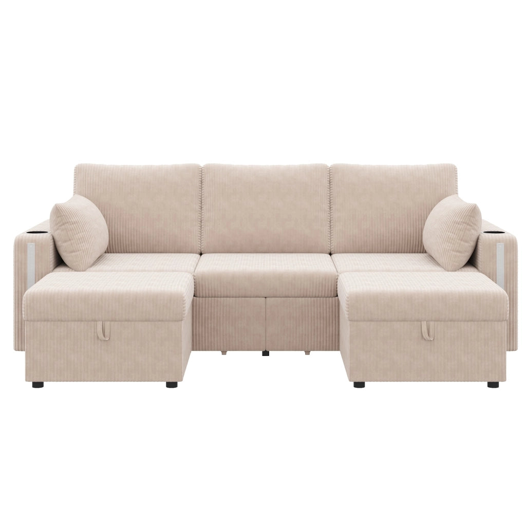 Sofa modulare a U/L 190x130x85 cm in corduroy beige con LED; USB e contenitore