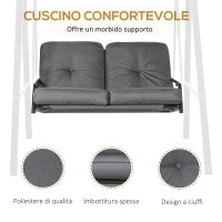 Dondolo 2 Posti con Tettuccio Regolabile e Cuscini, in Acciaio e Poliestere, 144x117x173 cm, Grigio