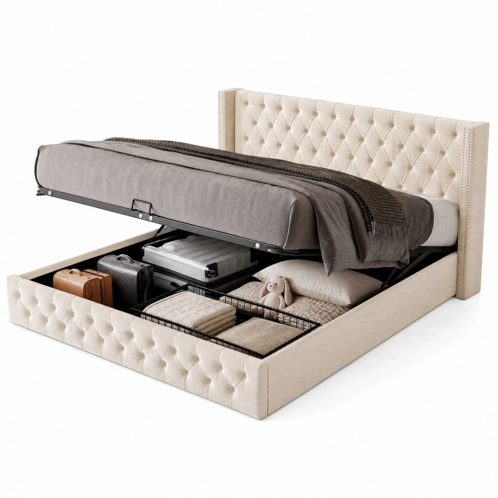 Letto matrimoniale 140x190 cm con contenitore e sollevamento idraulico in velluto beige