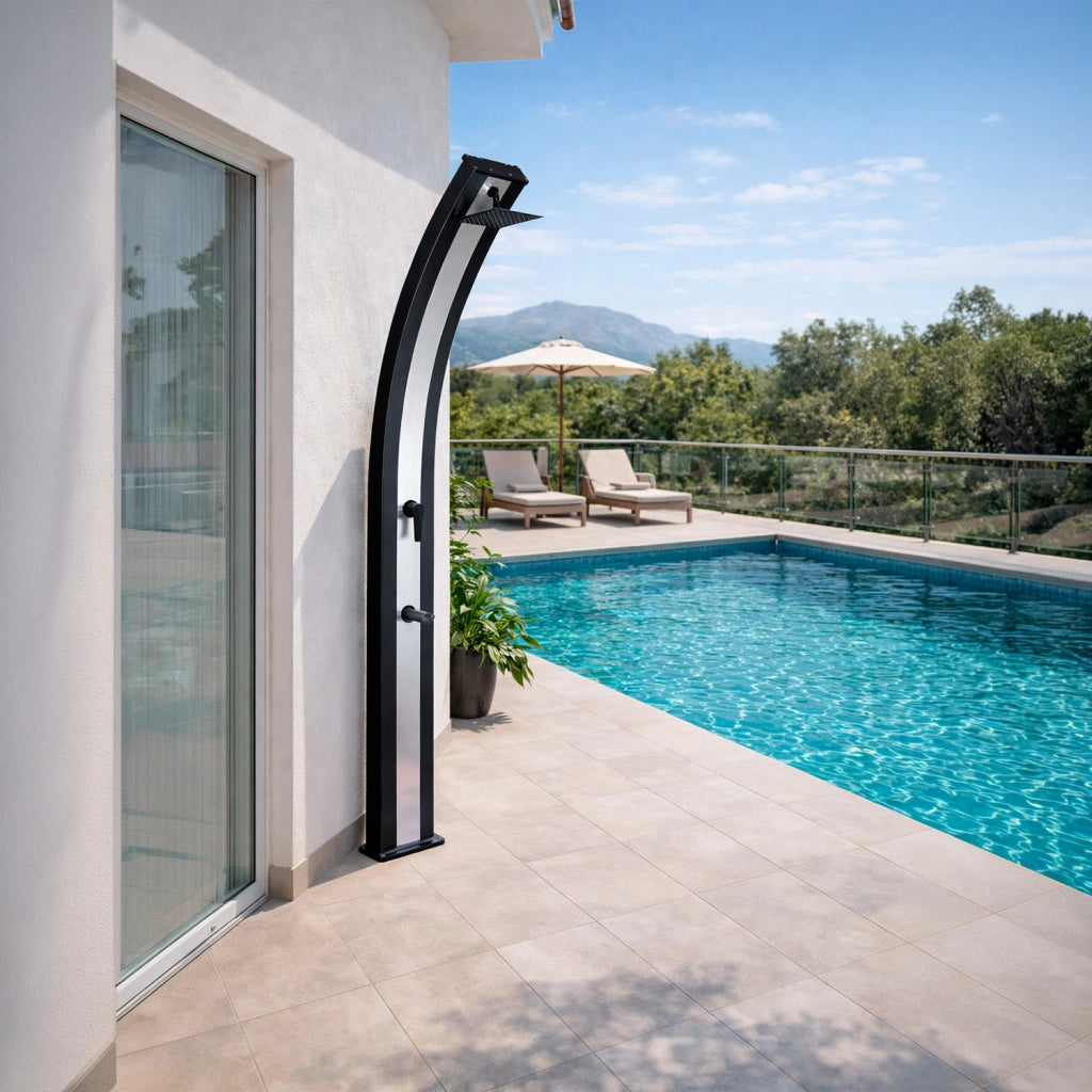 Starmatrix Doccia solare da esterno 40 L con miscelatore e rubinetto lavapiedi alluminio Nero RAL9004 con fascia Inox altezza 224 cm soffione quadrato SS0970-BLACK