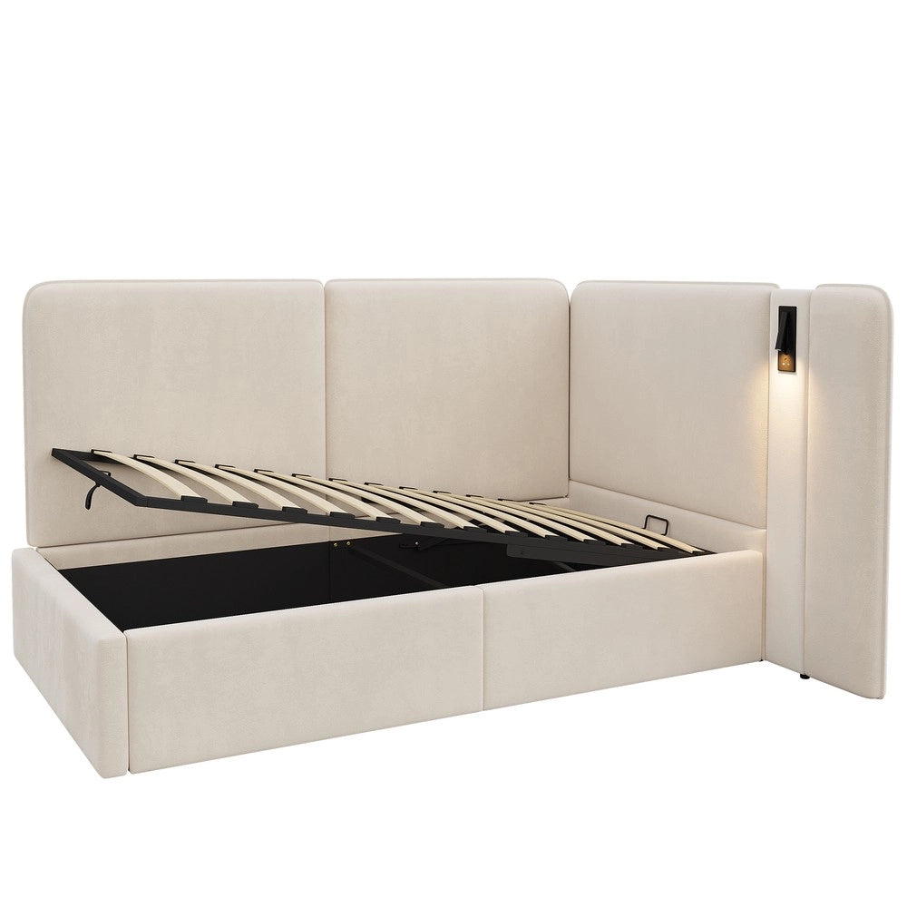 Letto Daybett 90x200 cm - Zephmum- Stoccaggio idraulico, USB, luce da lettura, velluto beige