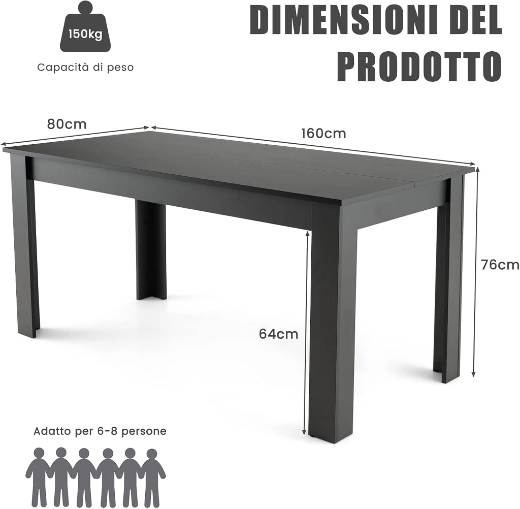 Tavolo da Pranzo 160 x 80 x 76 cm, Rettangolare con Piano Grande e Gambe Robuste per Massimo 8 Persone (Nero)