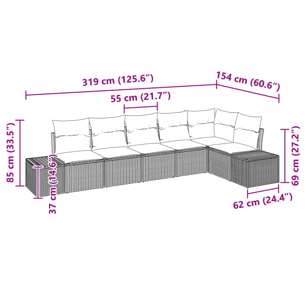 Set di divani da giardino di 6 pezzi con cuscini in rattan marrone