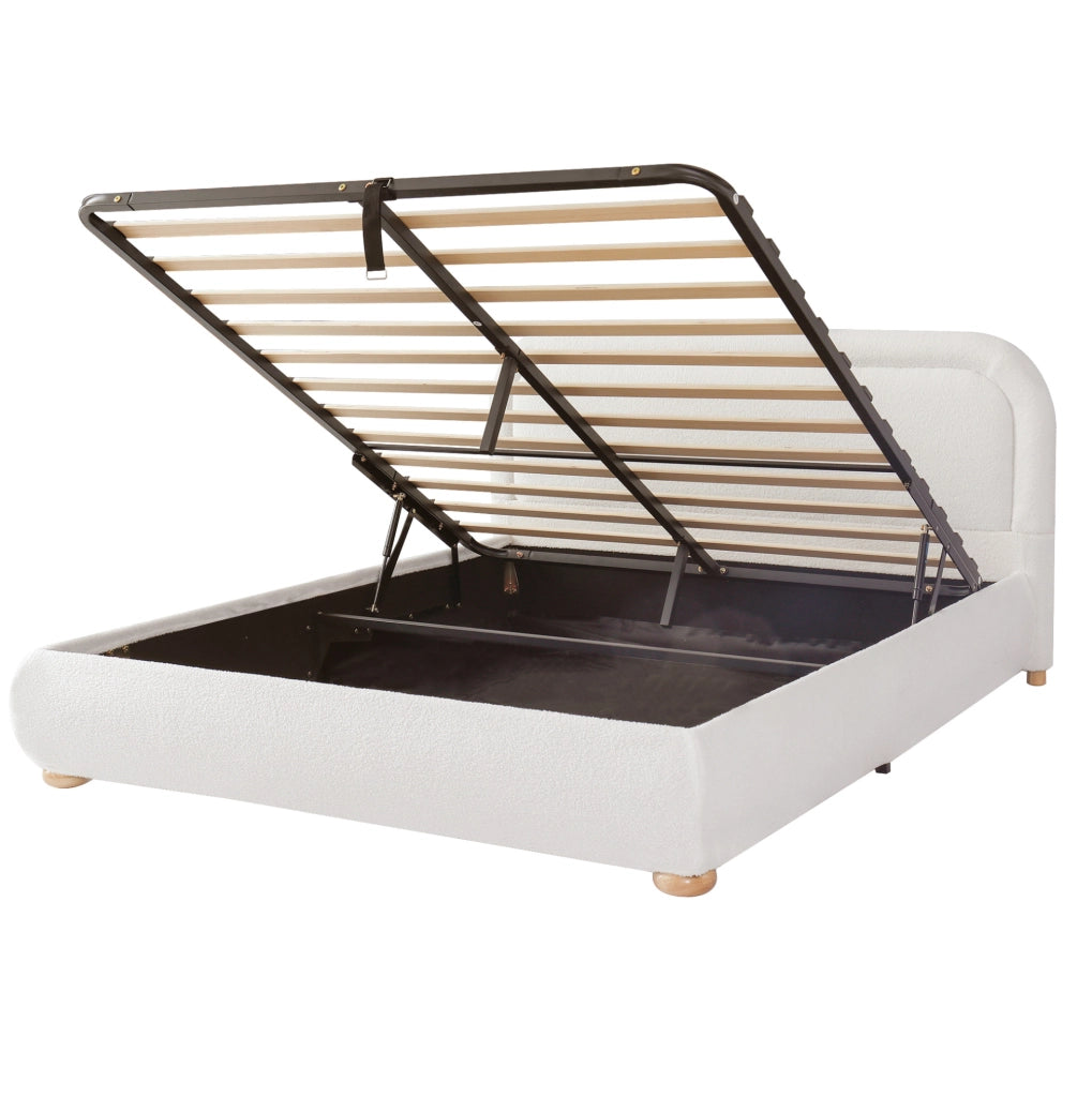 Letto matrimoniale 160x200 cm con contenitore idraulico; testiera imbottita in bouclé bianco