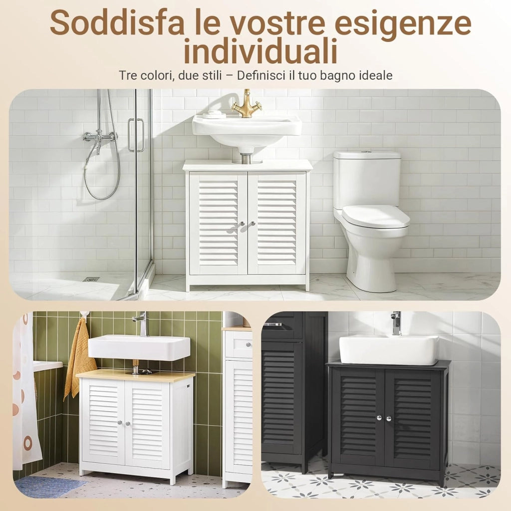 Mobile Bagno Sottolavabo - Mobiletto Bagno Salvaspazio con Mensole Regolabili, Mobile Lavabo in MDF, Antimuffa con Porta a Lamelle, per lavabo a muro, Bianco, 60x58x35cm, FRG237-W