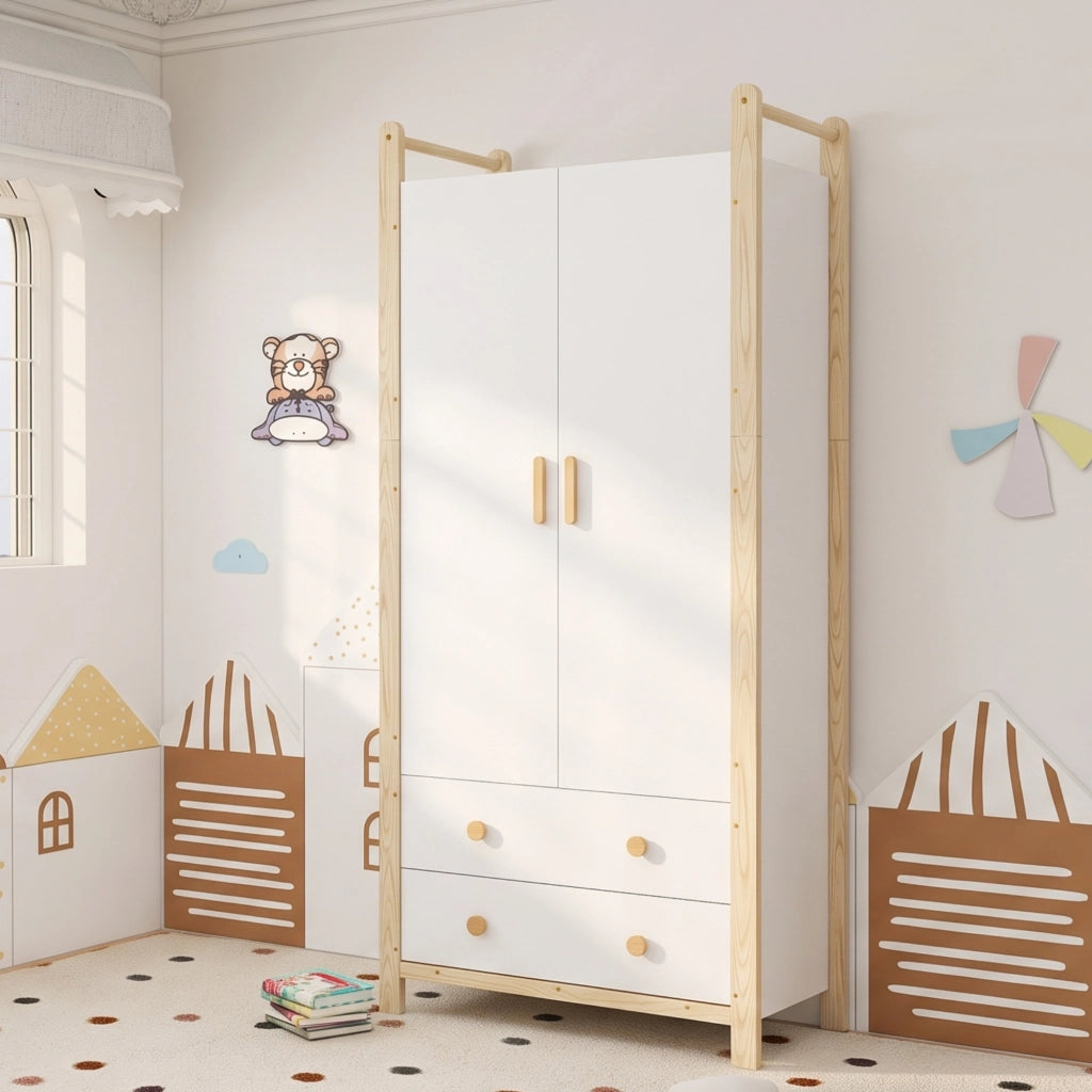 Armadio a 2 ante con barra appendiabiti e 2 cassetti, struttura salvaspazio 90x45x180 cm, bianco e naturale