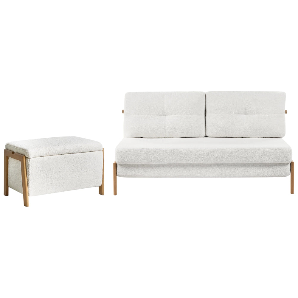 Set divano e panca Bouclé bianco imbottito Gambe in ferro Funzione letto Contenitore aggiuntivo Stile moderno