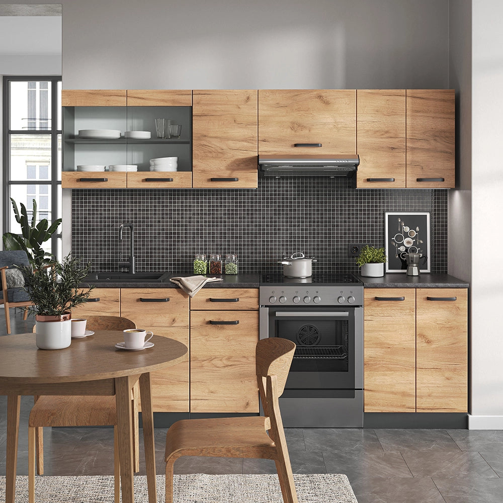 Vicco Mobile da cucina Quercia dorata/antracite 240 cm , PL Fantasia nera con striscia LED