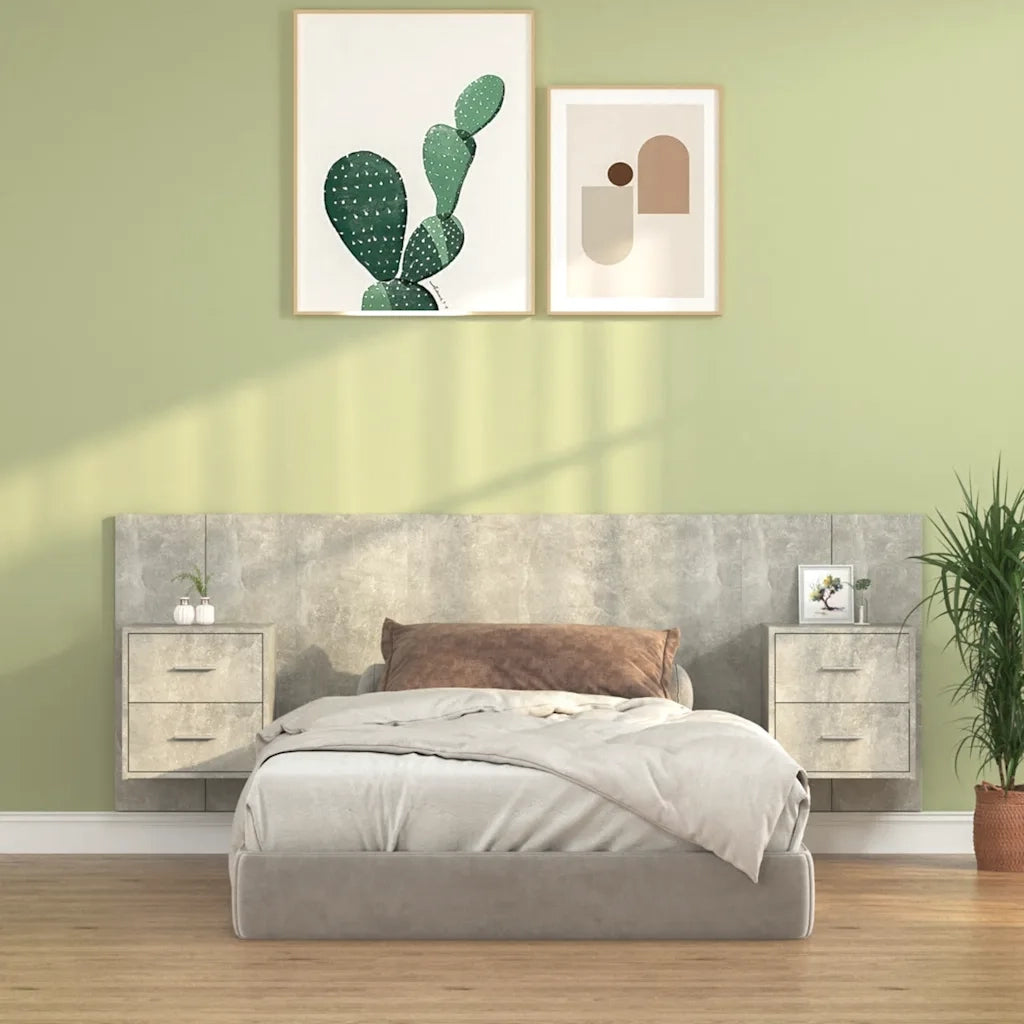 Testiera Letto con Comodini-Testiera con Contenitore in Legno Multistrato Grigio Cemento 530640