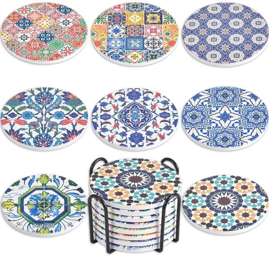 Set di 8 Sostegni Assorbenti in Ceramica con Supporto Metallico, Sostegni per Tavolo da Salotto, Ideali come Regali per l'Arredamento di Casa