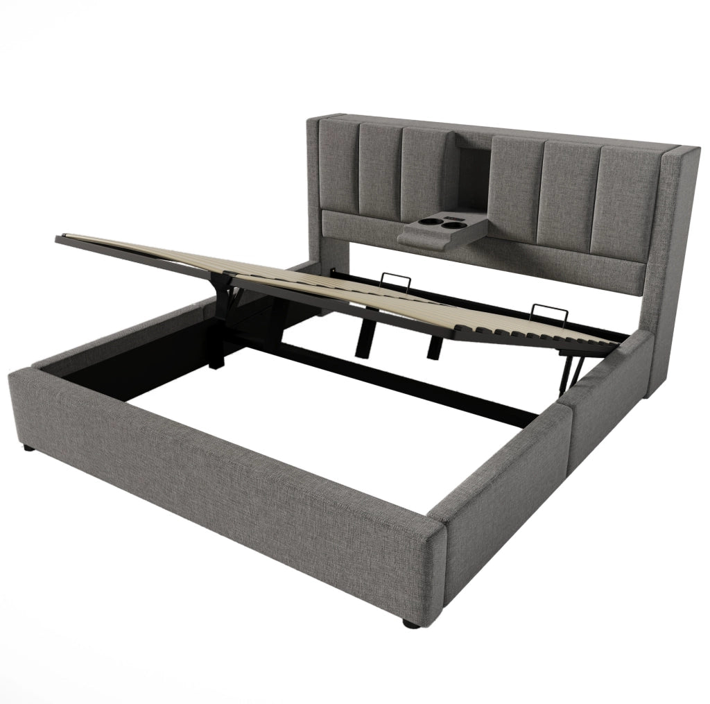 Letto imbottito 160x200 cm grigio con materasso e ricarica USB