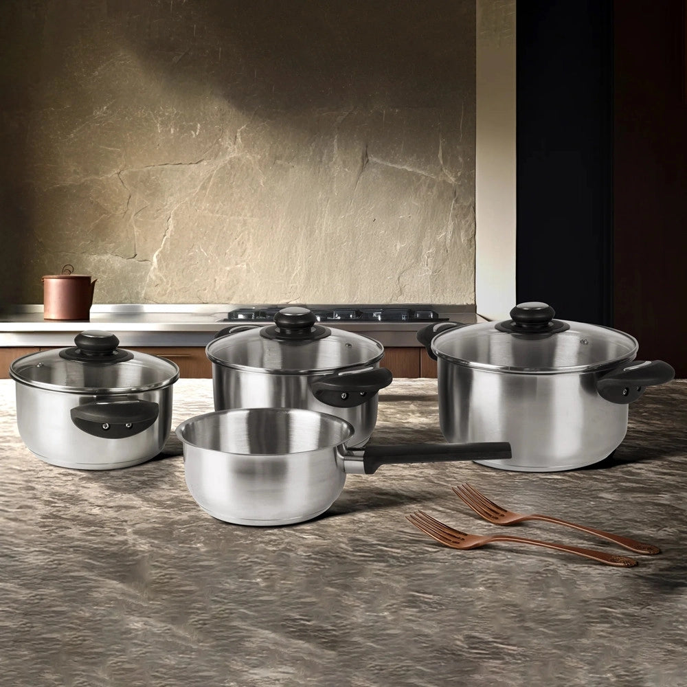 Trade Shop - Set Batteria Di Pentole 7 Pz In Acciaio Inox Con Fondo Full Induction Coperchi In Vetro -