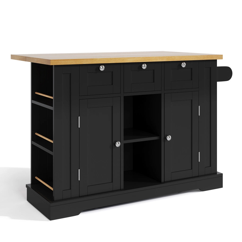 Isola da Cucina Mobile 132x40/70x87 cm Nero e Legno con Piano Ribaltabile; 3 Cassetti; Prese USB e Ruote