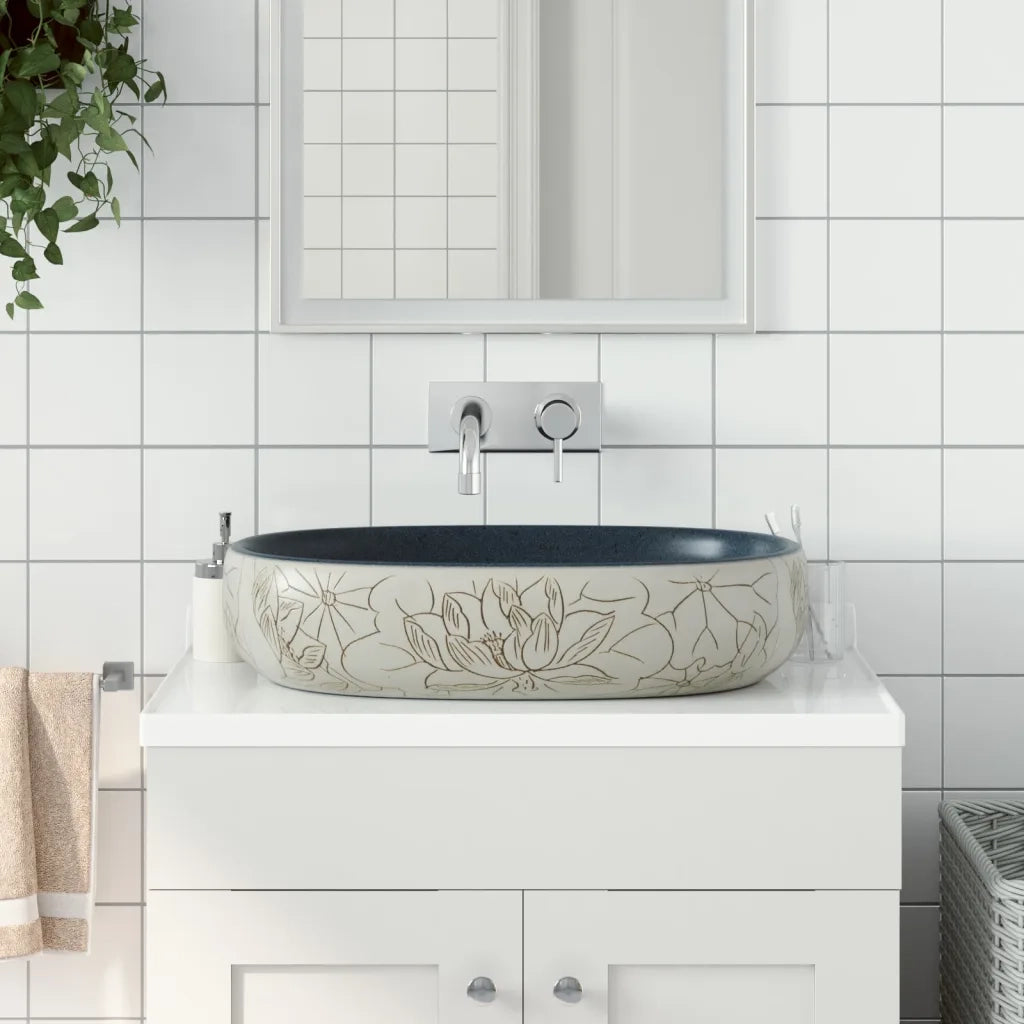 Lavabo da Appoggio Sabbia e Blu Ovale 59x40x14 cm Ceramica CFW5866513