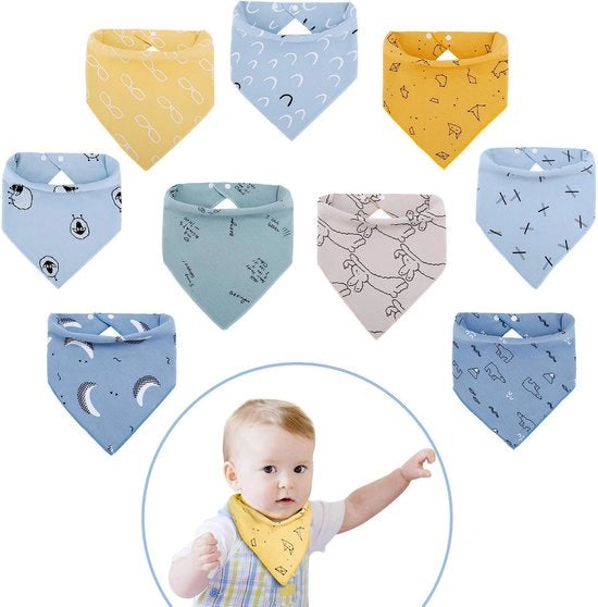 Set di 9 Bandane Quadrangolari con Cerniera Regolabile, Asciugamano per Ragazzi, Ragazze e Neonati, Cotone e Assorbente
