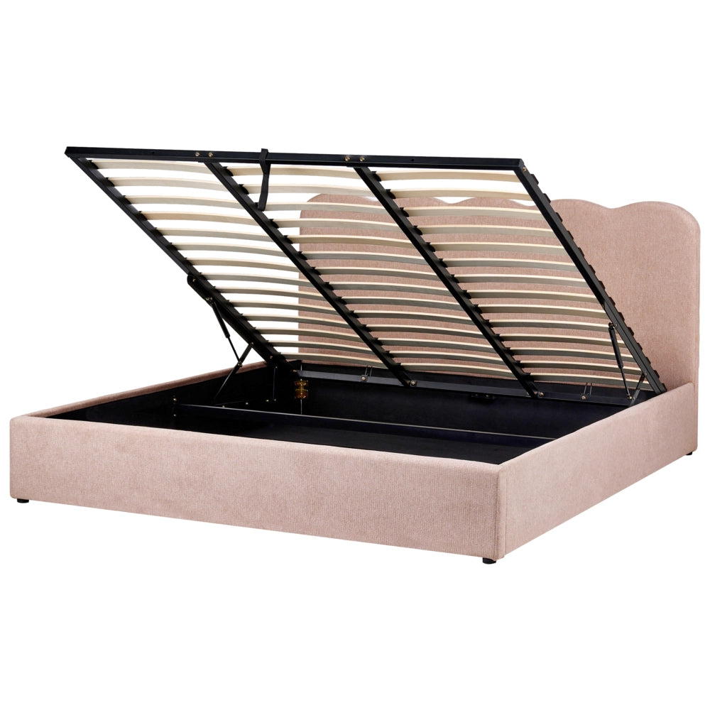 Letto in tessuto rosa pastello 180 x 200 cm contenitore elevabile con testiera e rete a doghe