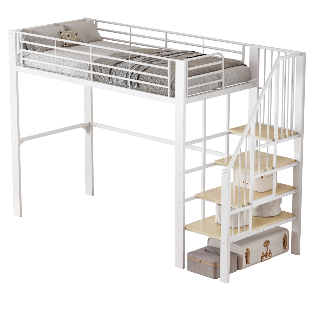 Letto a soppalco in metallo con scala e contenitore, 90x200 cm
