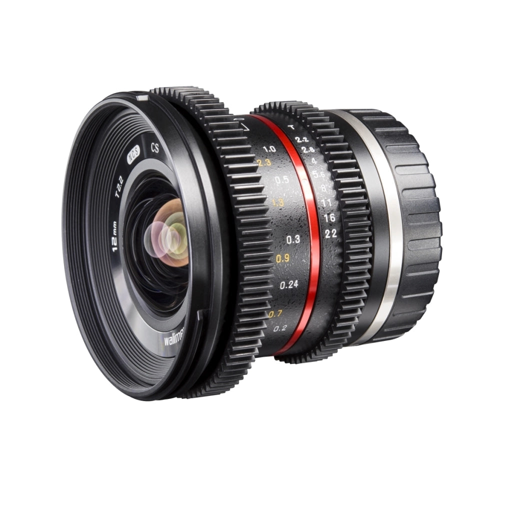 Walimex Pro obiettivo grandangolare 12 mm 1:2.2 VCSC per baionetta compatibile con Sony con attacco E (lenti MC/rivestimento nano, ghiera di ingranaggi, apertura/focus continuo, paraluce rimovibile)