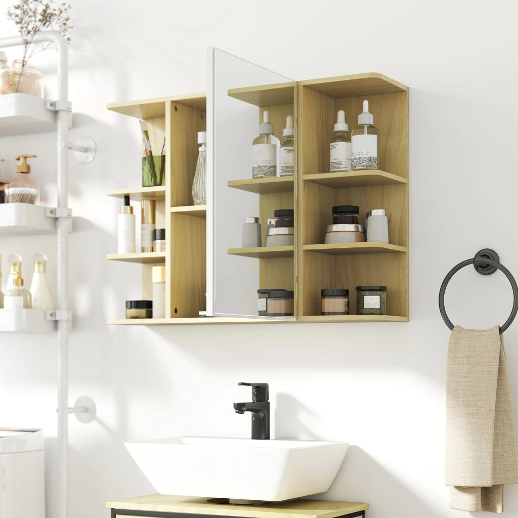 Specchio da Bagno 80x20x59 cm con Armadietto e Ripiani a Giorno Rivestimento in Melamina Color Legno