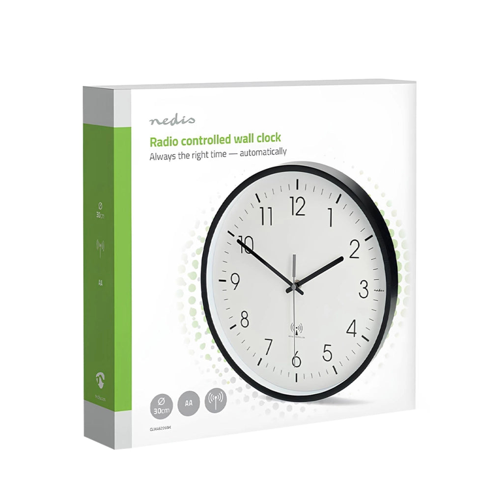 Orologio da Parete Radiocontrollato 30 cm Silenzioso Sincronizzazione Automatica Bianco / Nero Nedis