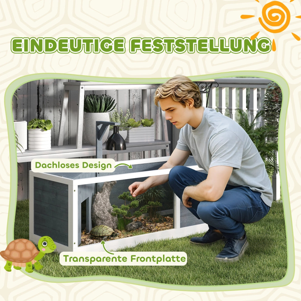 Casetta da giardino per tartarughe con due vani e area gioco centrale in legno di abete grigio 120 × 50 × 40 cm