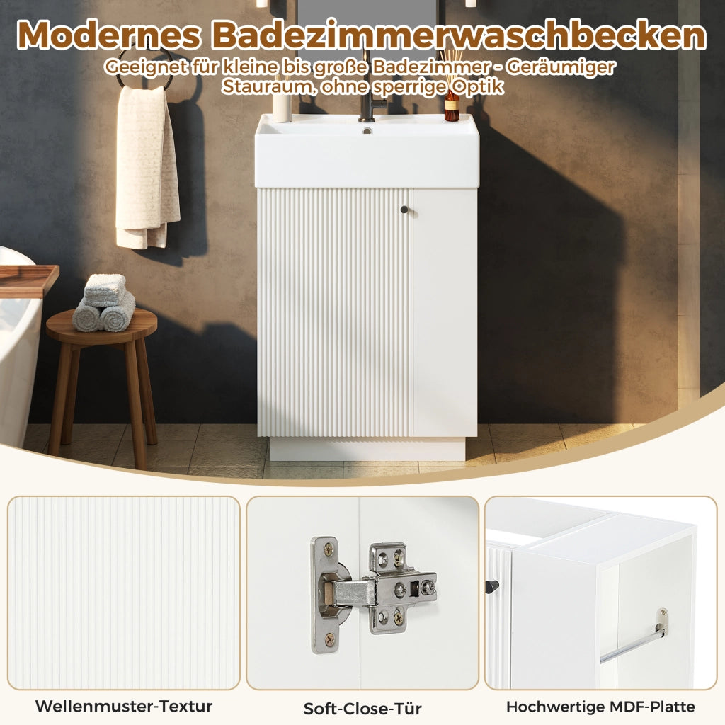 Mobile sottolavabo da bagno con lavabo in ceramica, anta soft-close e ripiani aperti, bianco, 55 × 32 × 87 cm