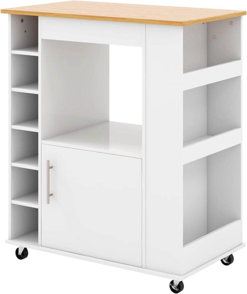 Carrello da cucina su rotelle, carrello da portata con piano di lavoro, isola da cucina mobile, in legno, con scaffale per vino e porta asciugamani e portaspezie, carrello da cucina bianco