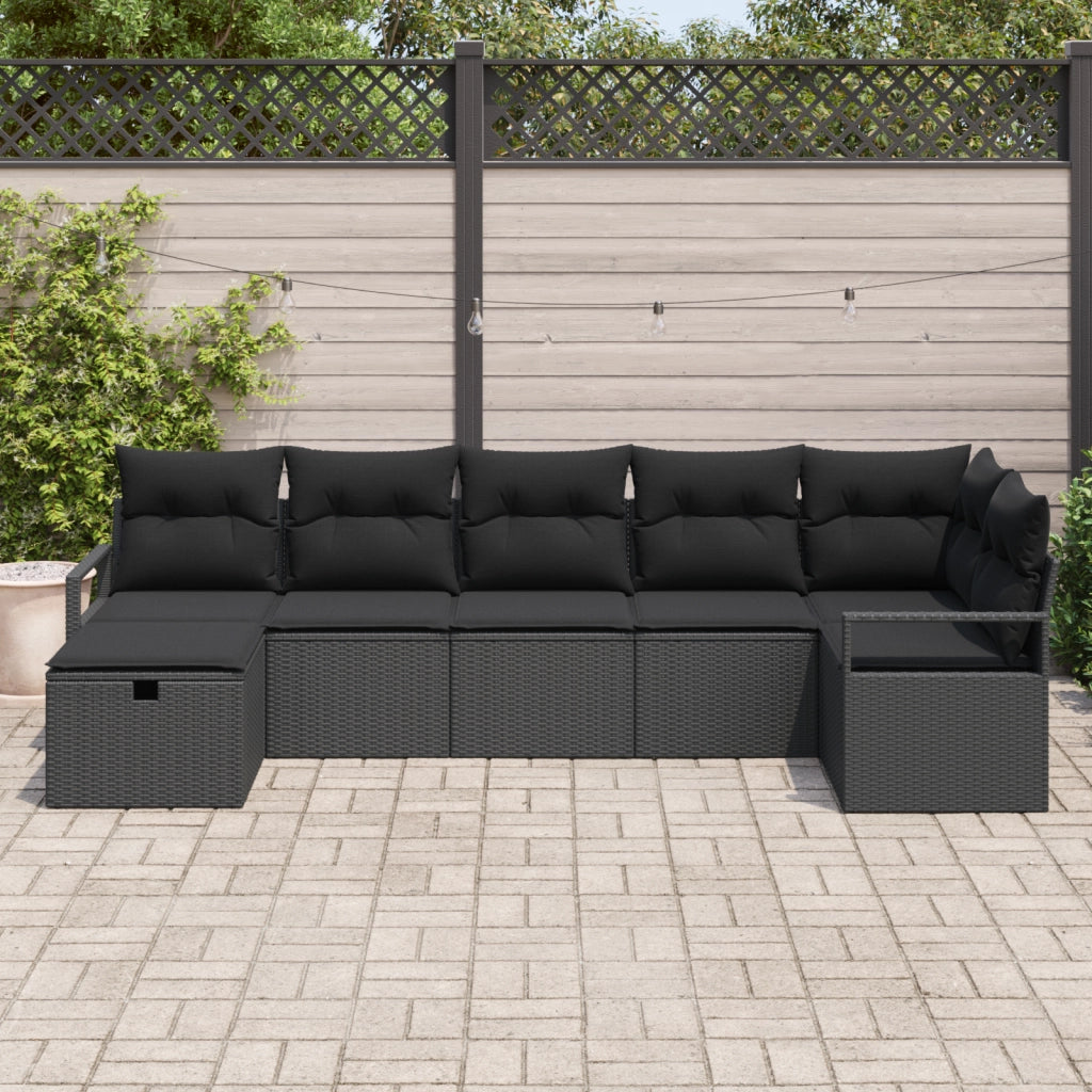 Set di divani da giardino 7 pezzi con cuscini Nero Rattan sintetico