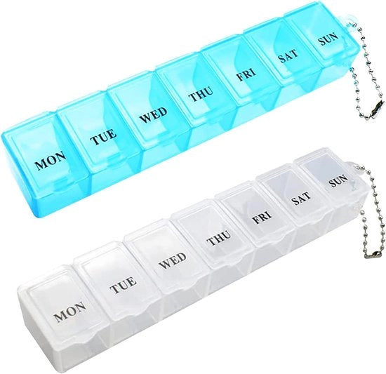 Portatile a due cassetti - Cassetto portatile con 7 giorni di compartimenti - Medicinali supplementi vitamine epatoprotettori - Bianco e blu