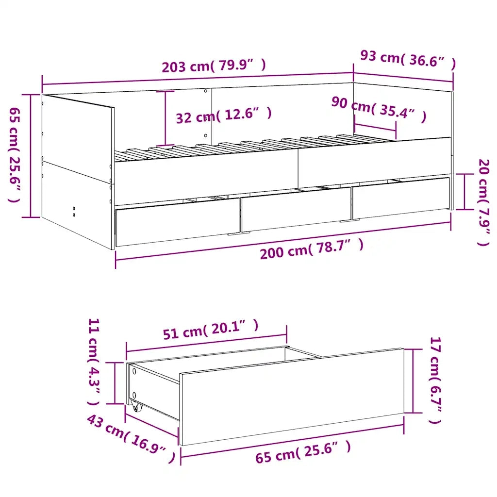 Divano Letto con Cassetti senza Materasso Rovere Fumo 90x200 cm