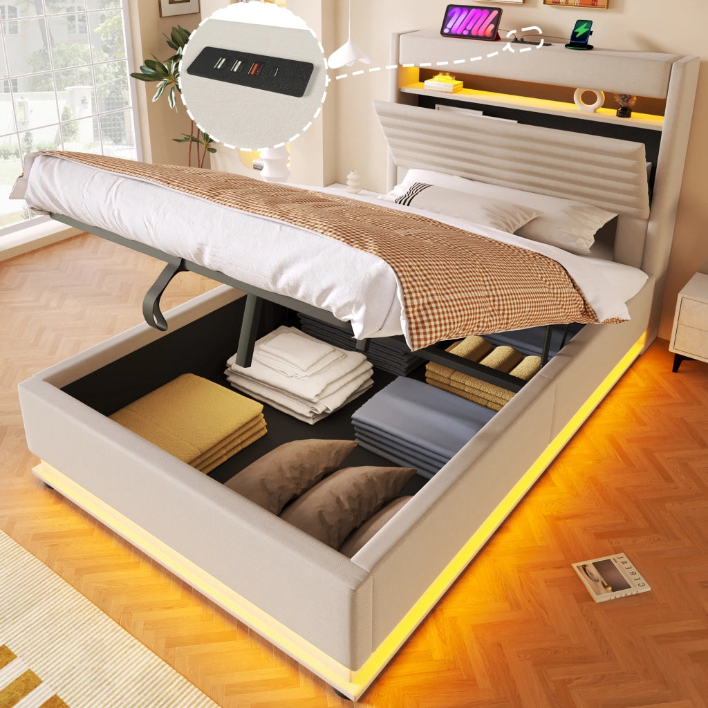 Letto imbottito con USB-C, LED e contenitore idraulico, 90x200 cm, beige