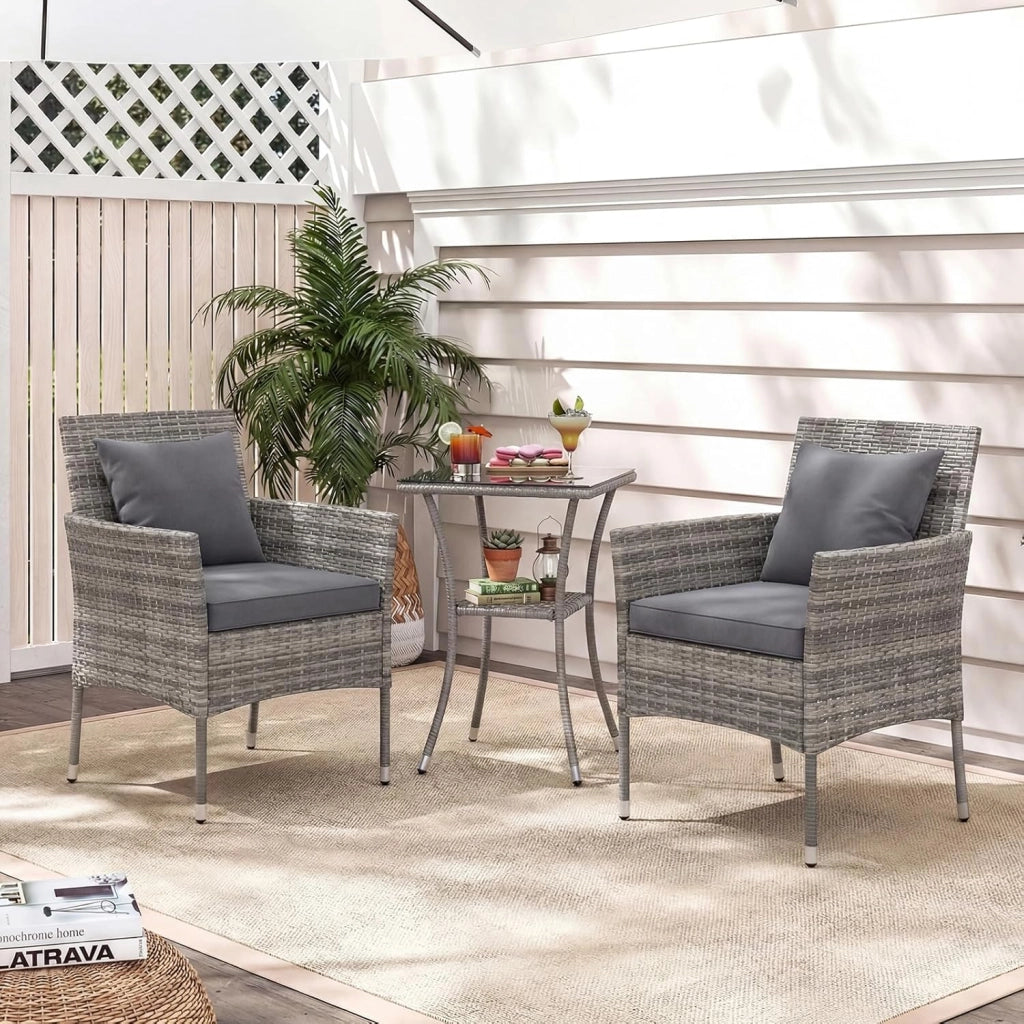 Set di mobili da balcone piccolo balcone, mobili da giardino in rattan, tavolo da bistrot con 2 sedie, mobili da balcone, set da 3 pezzi con cuscino, balcone, set da 2 sedie, 1 tavolo per 2