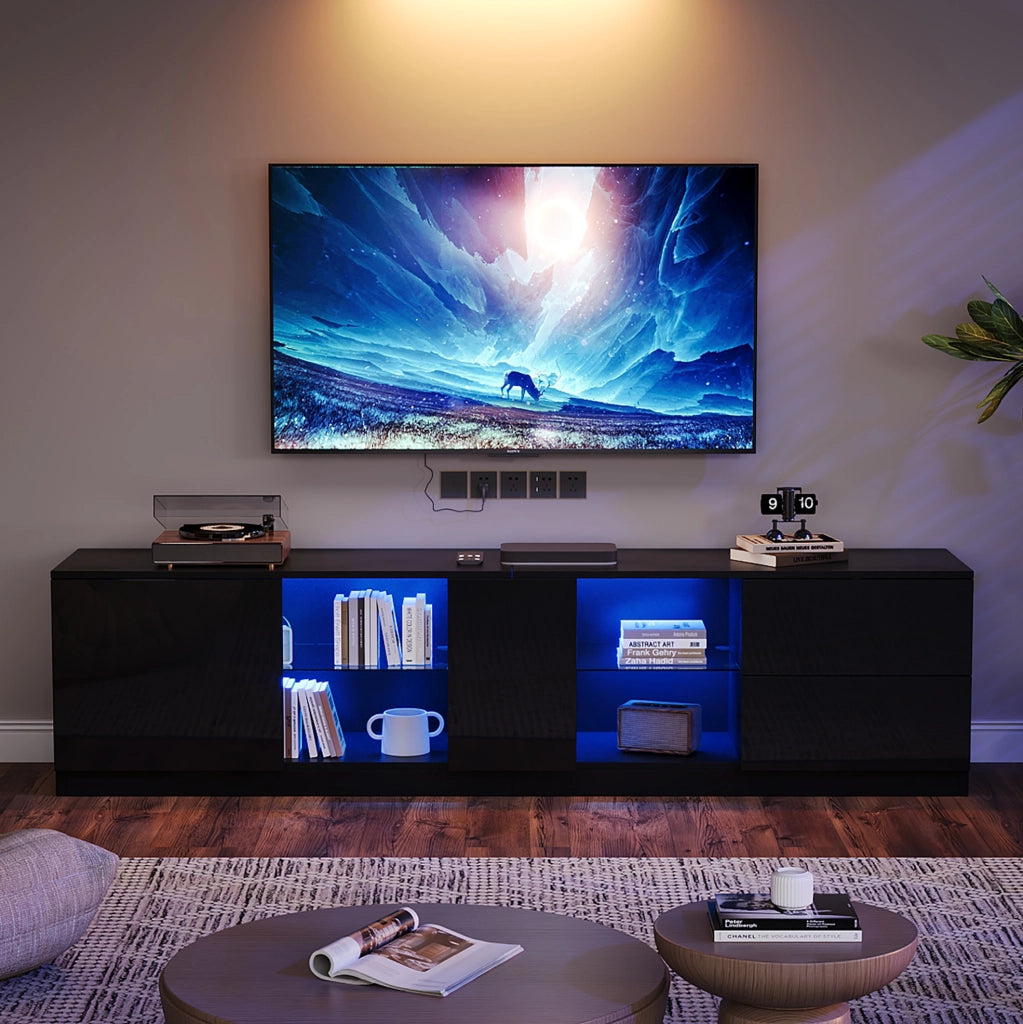 Mobile TV con LED; 2 cassetti e vano chiuso; MDF; vetro temperato; 160 x 40 x 52 cm; nero