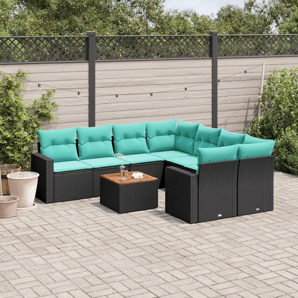 Set Divani da Giardino 9 pz con Cuscini Nero in Polyrattan
