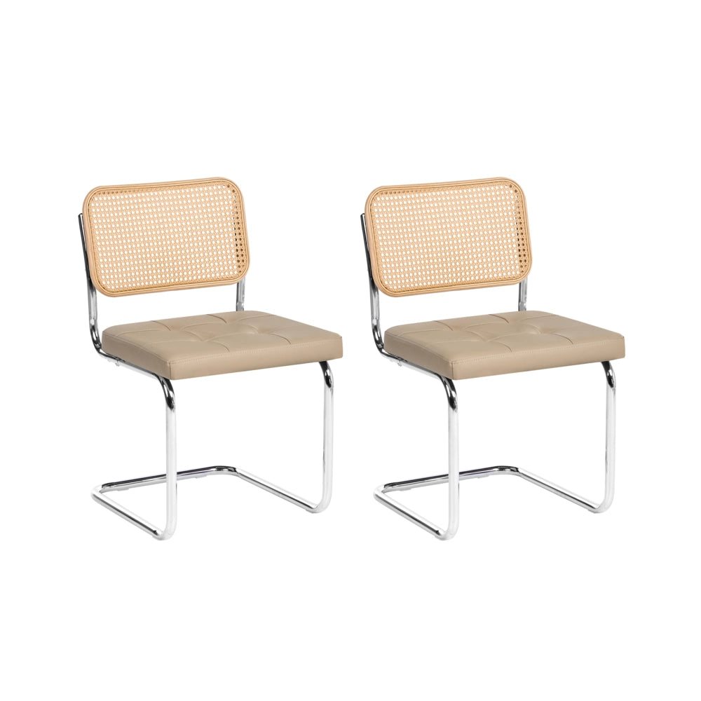 Set di 2 sedie da pranzo in ecopelle tortora con base a sbalzo in metallo stile vintage retrò