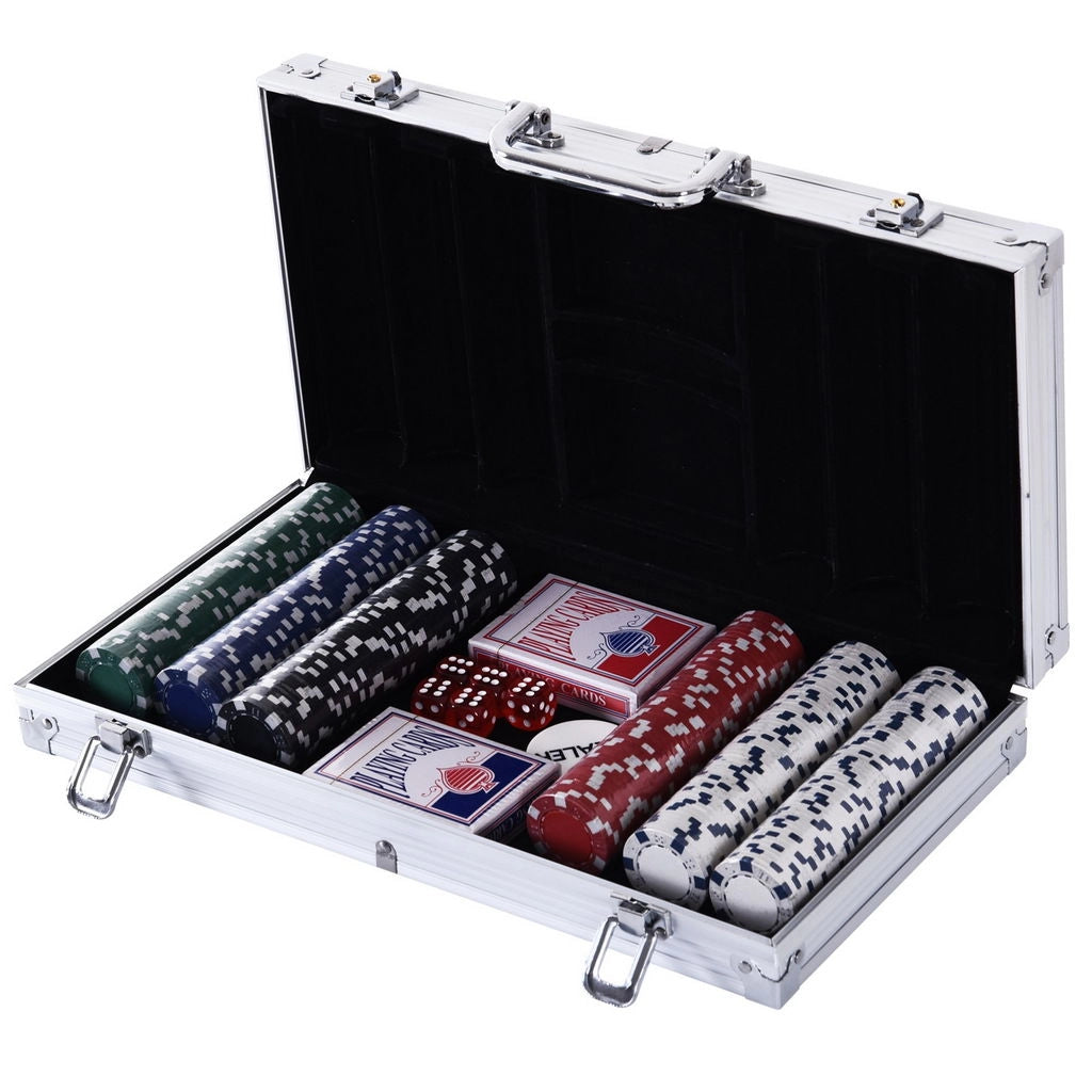 VALIGETTA POKER PROFESSIONALE IN ALLUMINIO, SET CON 300 FICHES E 2 MAZZI PER TEXAS HOLD'EM E BLACKJACK