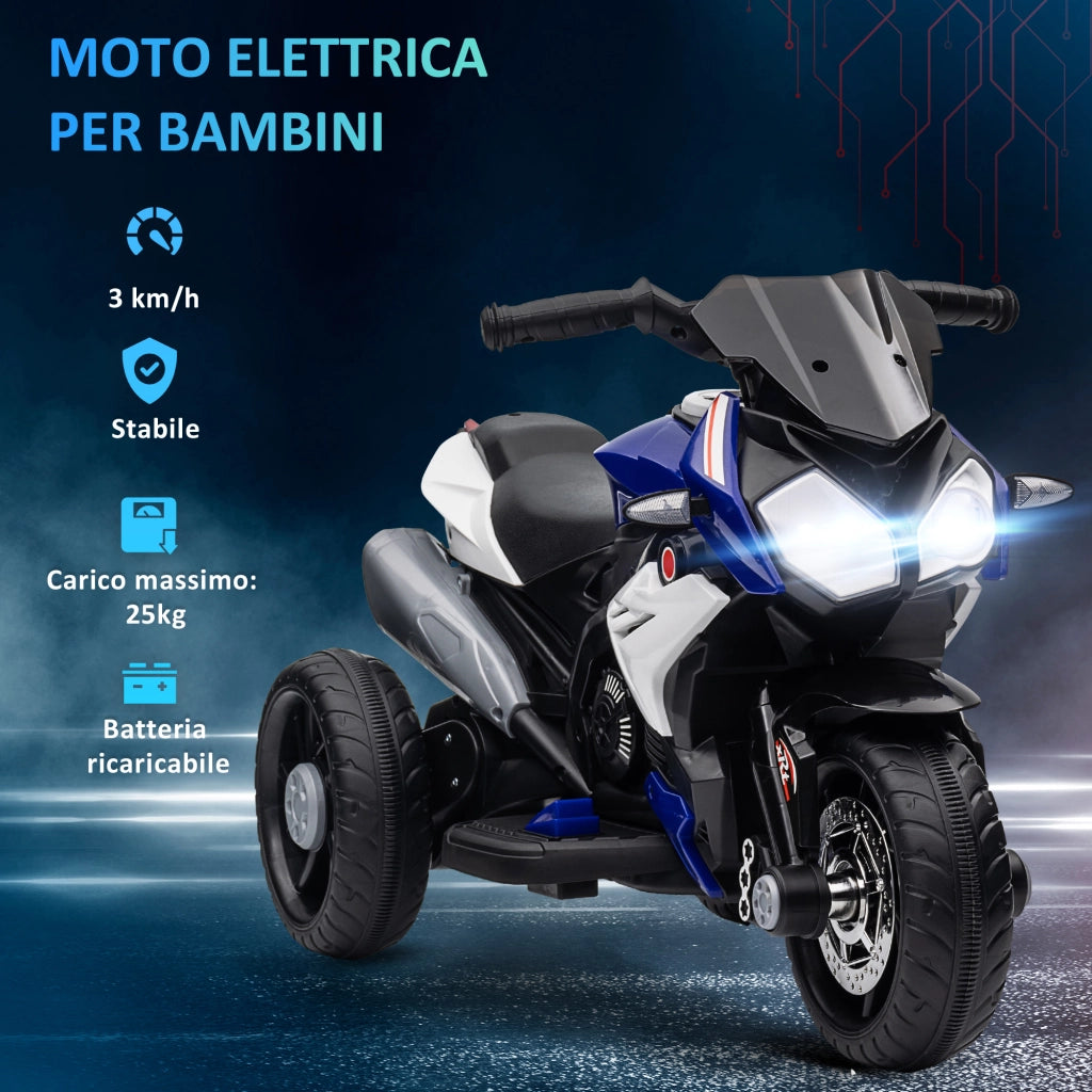 Moto Elettrica per Bambini 3-5 Anni 86x42x52 cm Batteria 6V Velocità 3km/h Blu