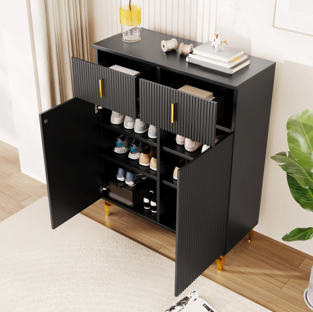 Credenza moderna a 2 ante e 2 cassetti con ripiani regolabili; nero; 83x35x101 cm in truciolare