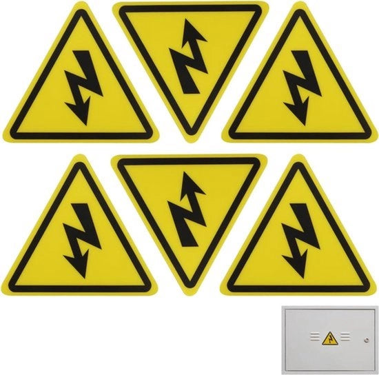 Etichette di avviso elettrico - Set di 6 - Foglio di alta qualità con colla resistente - Adatto per interni ed esterni - Giallo con simbolo lampeggiante