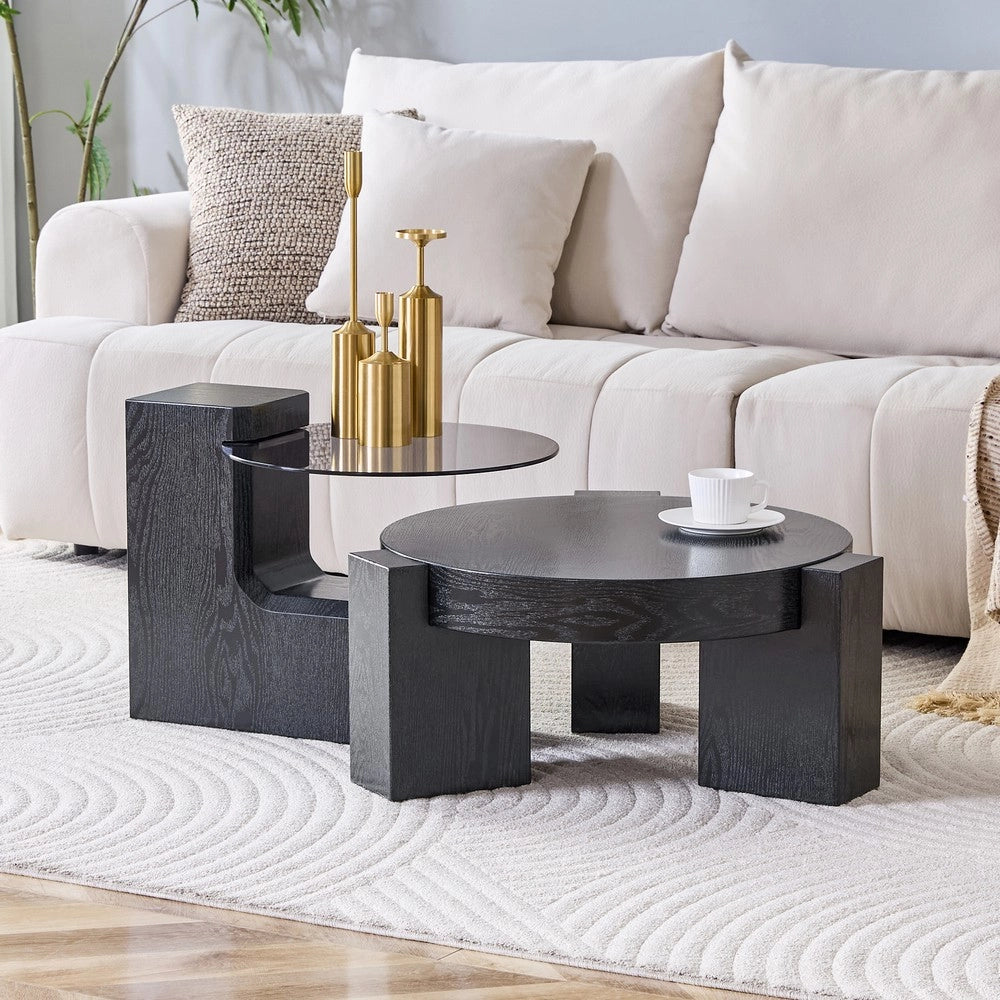 Set Tavolini da Caff¨¨ ¨C MINIMAL ¨C Vetro Grigio Trasparente e MDF Nero, Soggiorno Moderno